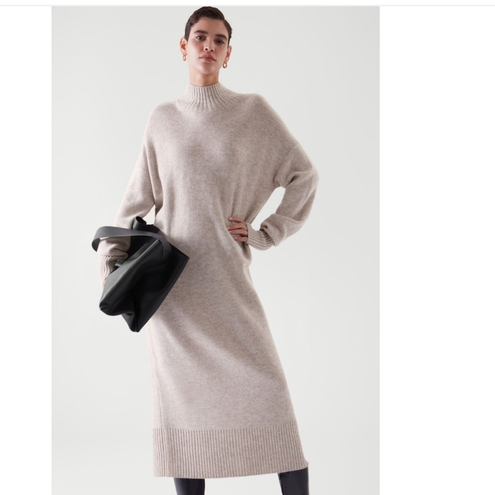 COS Women's Medium 100% Wool Oatmeal Mock Neck Sweater Midi Dress Thumb Holes